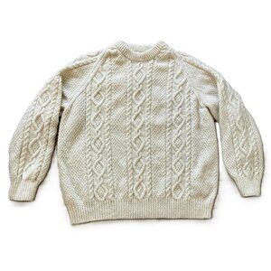 Hand Knit Wool Fisherman Chunky Cable Pullover Sweater Ivory XL